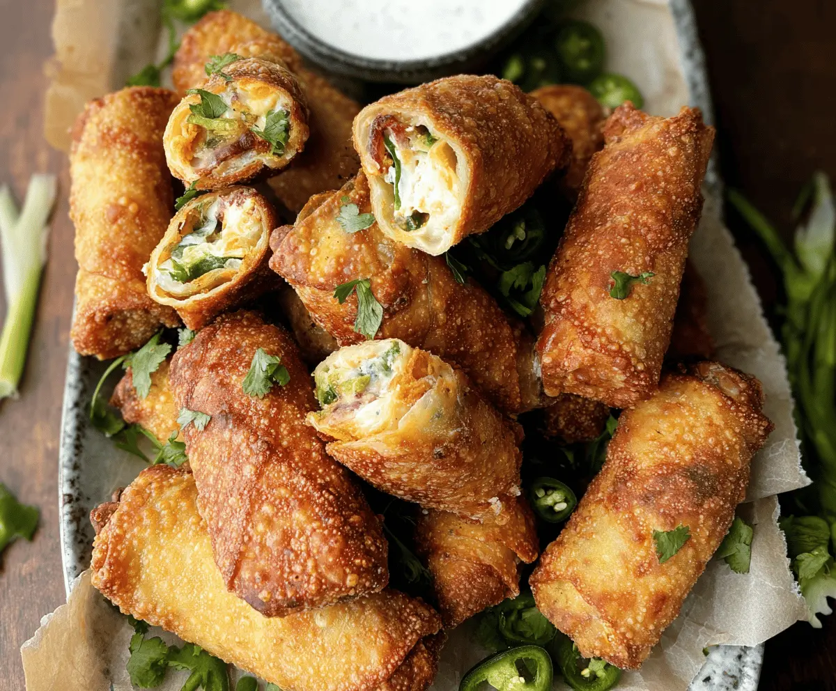 Crispy Mini Jalapeno Popper Egg Rolls filled with spicy jalapenos and creamy cheese, perfect as a finger food appetizer.