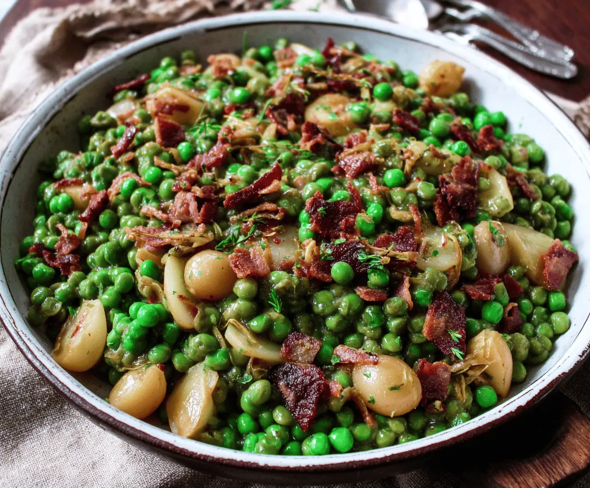 Delicious Thanksgiving Peas with Pear and Pancetta in a vibrant serving bowl