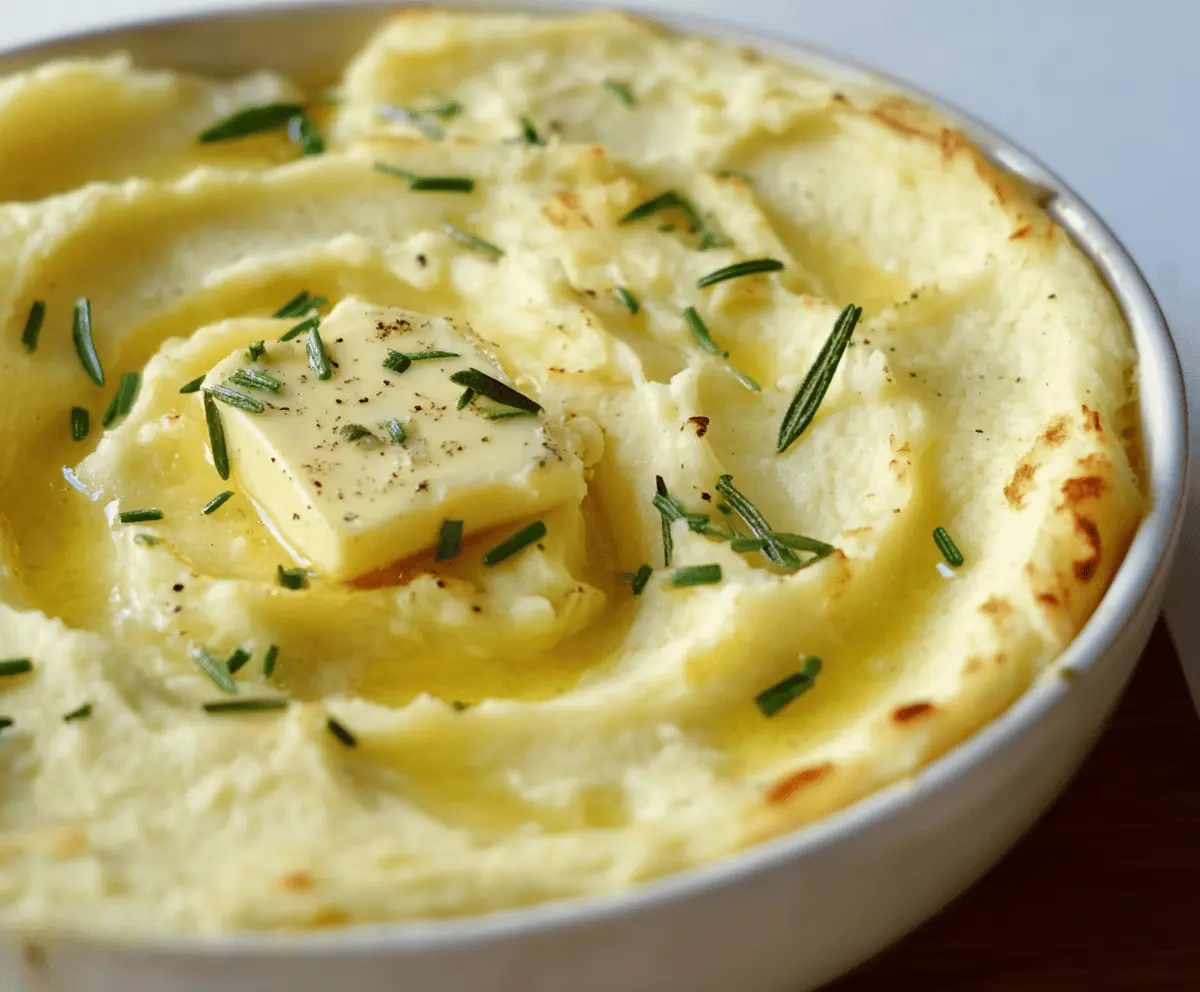 Creamy baked mashed potatoes topped with butter and herbs, served in a white dish