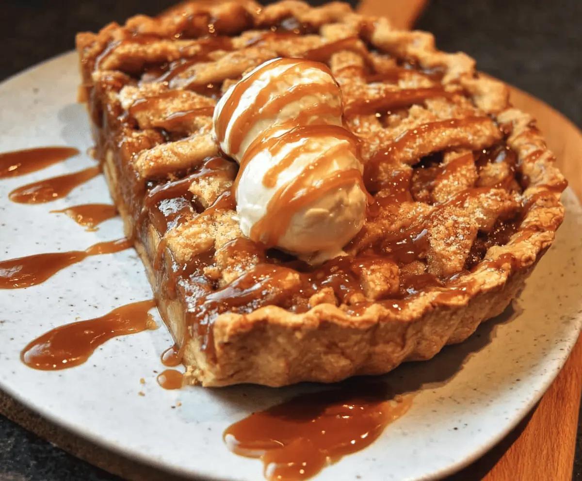 Golden crispy Toffee Apple Pie with caramelized apples and rich toffee topping, served warm.