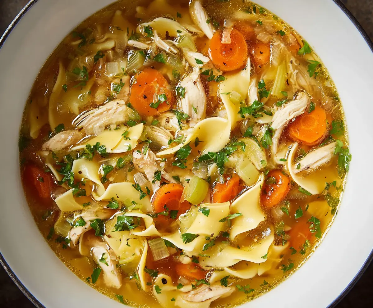 Warm and comforting traditional chicken noodle soup in a bowl, garnished with fresh herbs