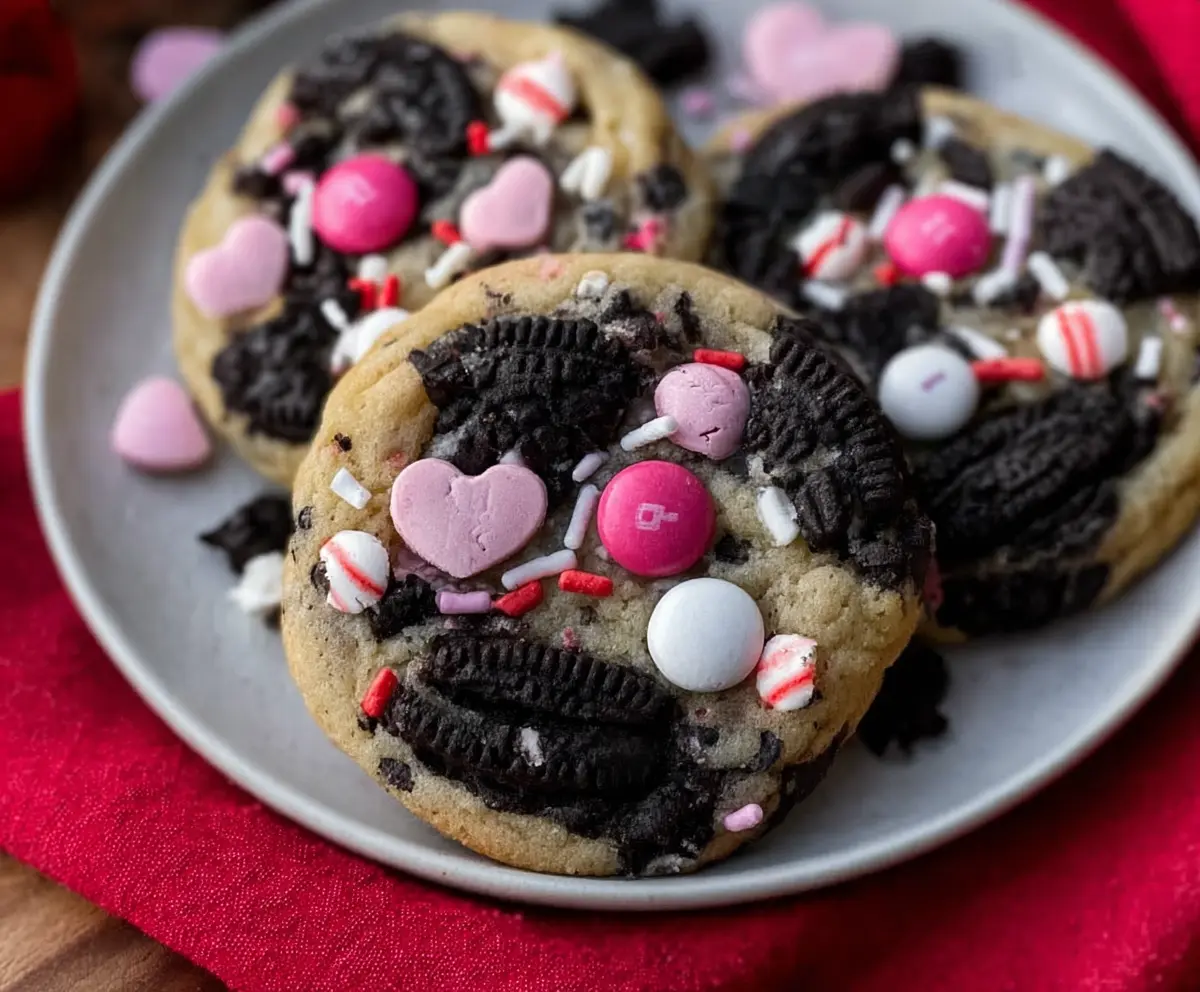 Delicious Valentine's Day Oreo M&M's cookies, perfect for celebrating love with sweet treats.