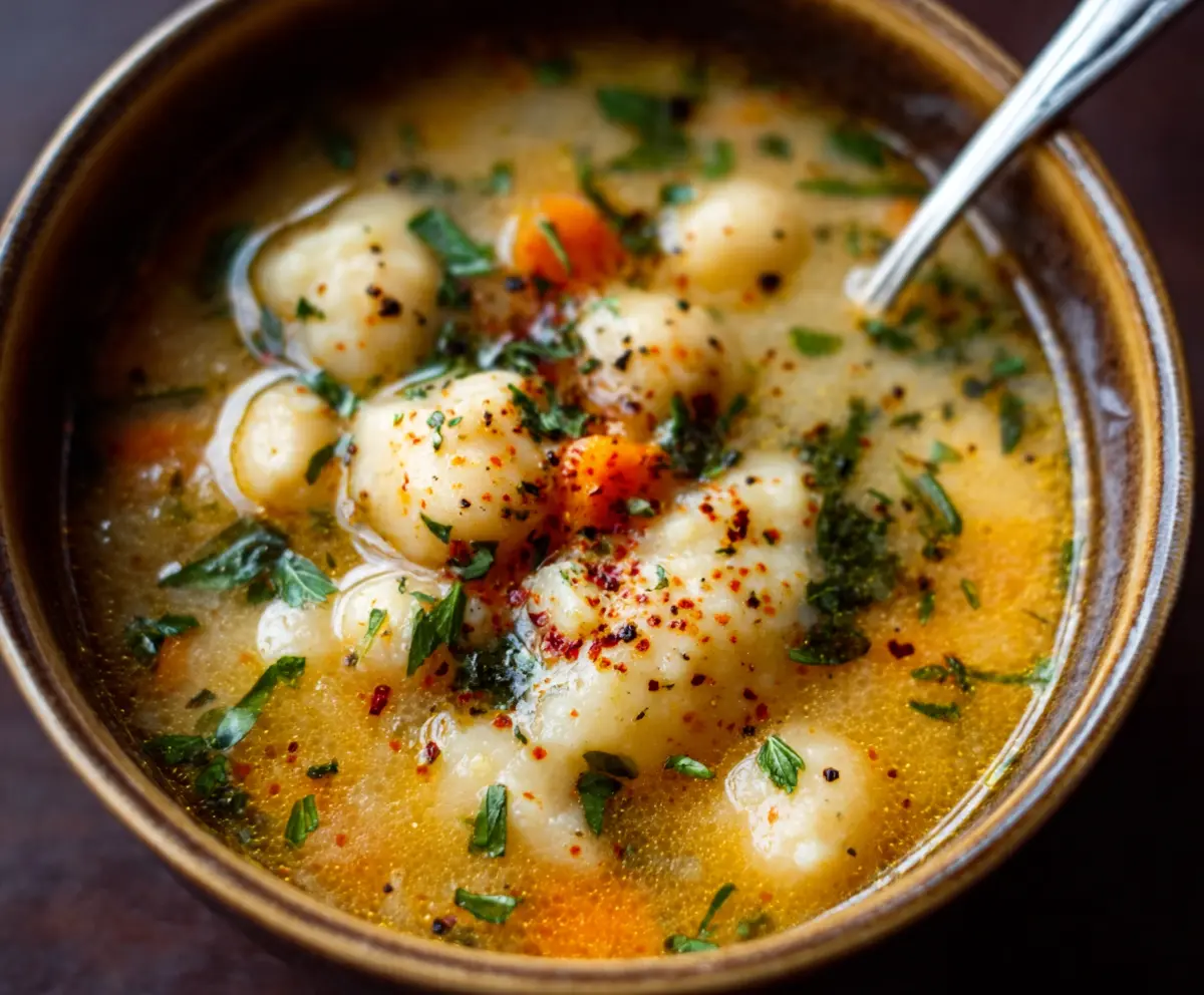 Hearty vegan garlic chickpea soup served in a bowl with fresh herbs.