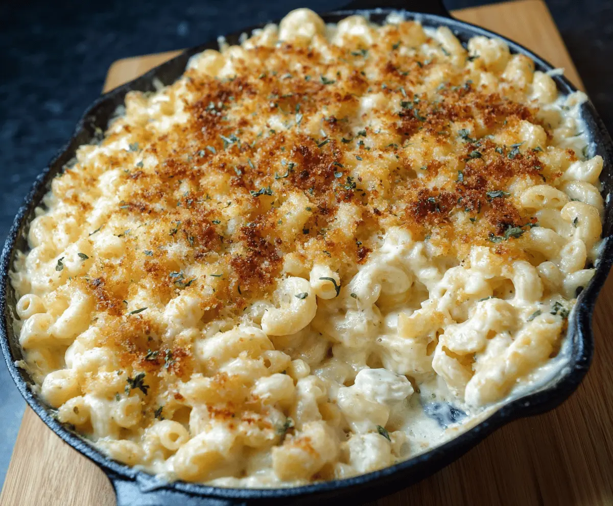 Creamy white truffle mac and cheese served in a rustic bowl, topped with grated cheese and fresh herbs.