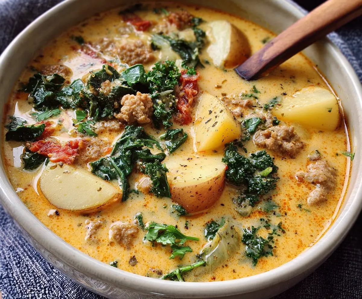 Creamy Zuppa Toscana soup with kale, potatoes, and Italian sausage in a bowl
