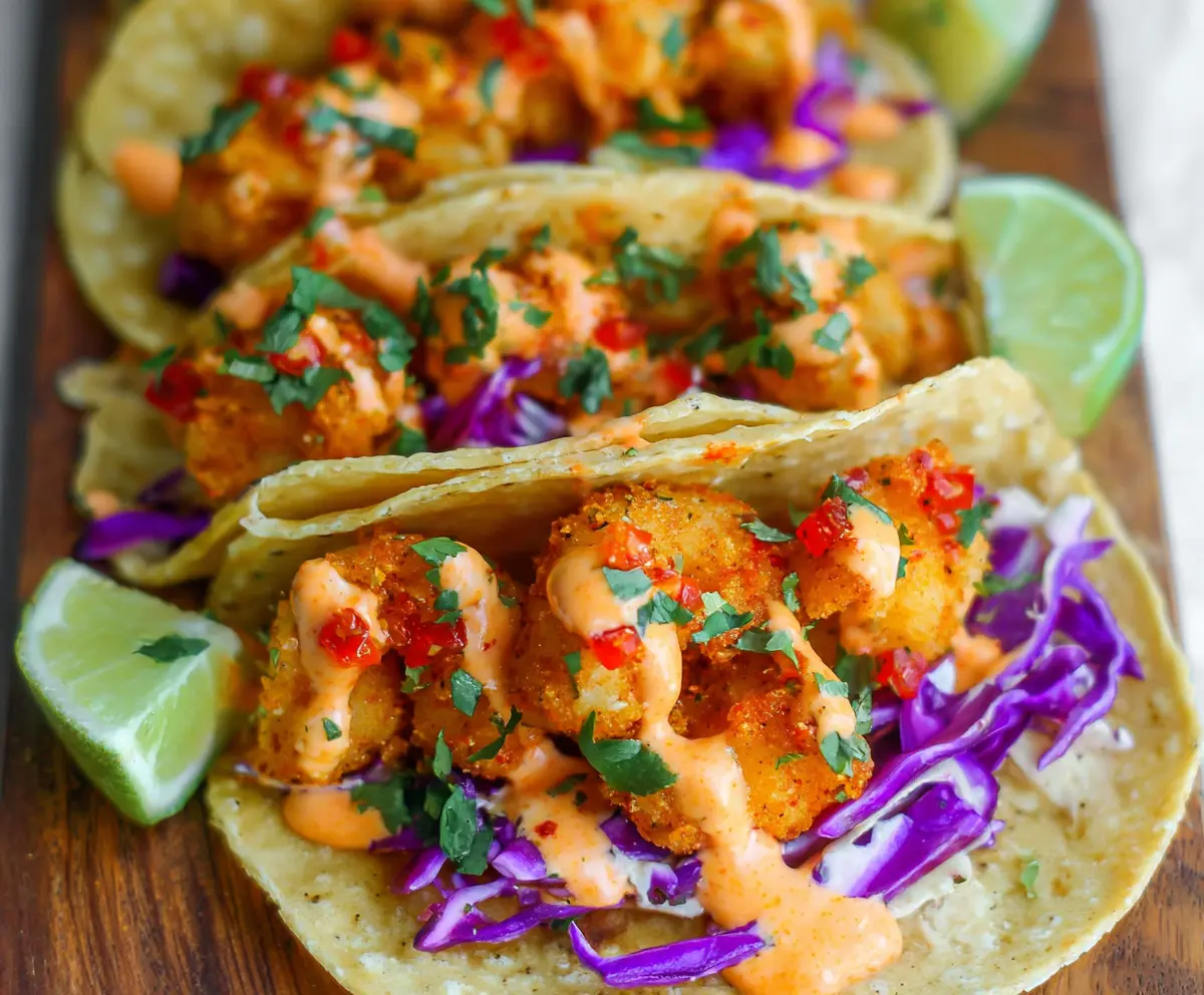 Delicious Air Fryer Bang Bang Shrimp Tacos topped with fresh herbs and creamy sauce.