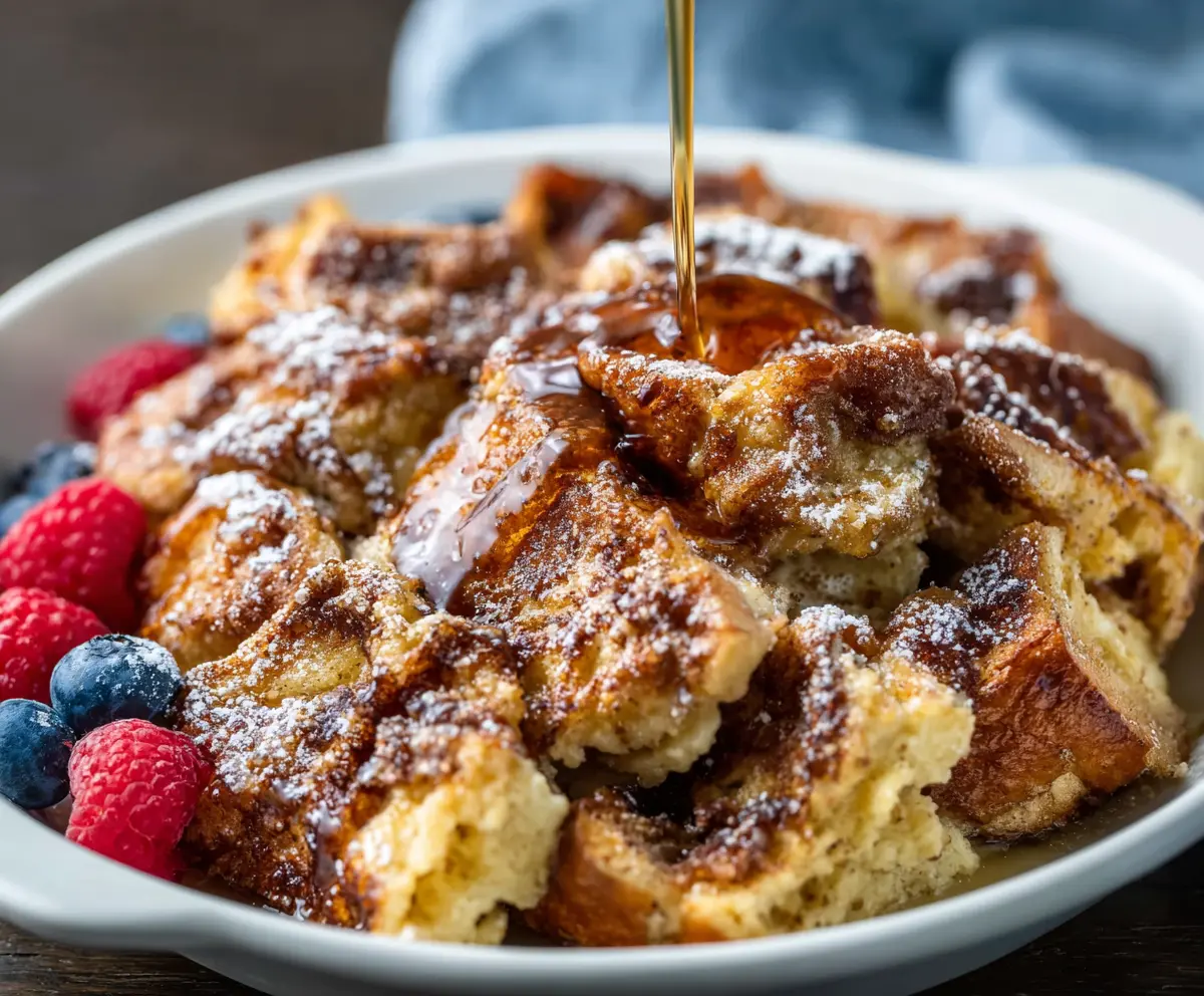 Delicious baked French toast casserole topped with fresh fruit and powdered sugar for a hearty breakfast.
