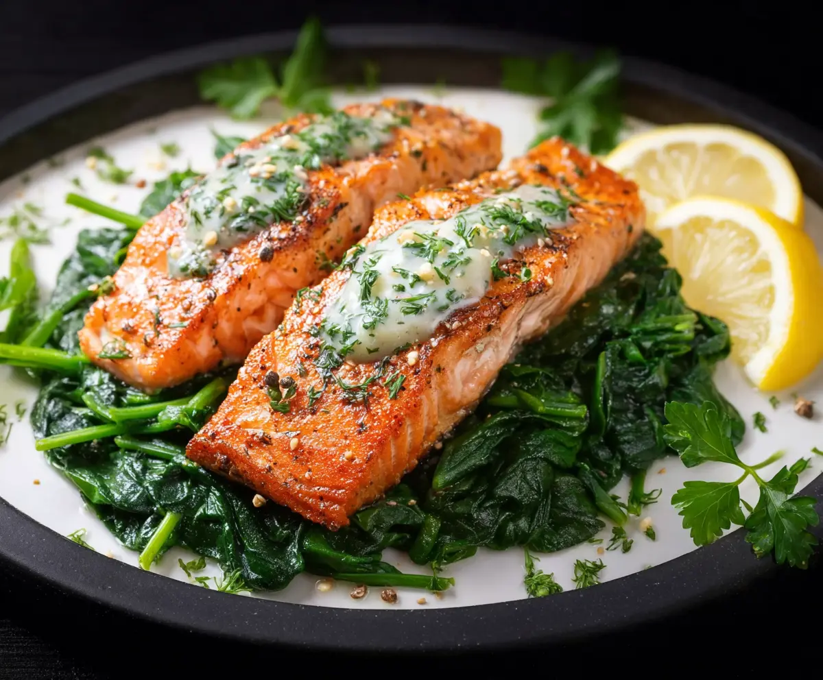 Delicious baked salmon with fresh spinach and herbs served on a white plate.