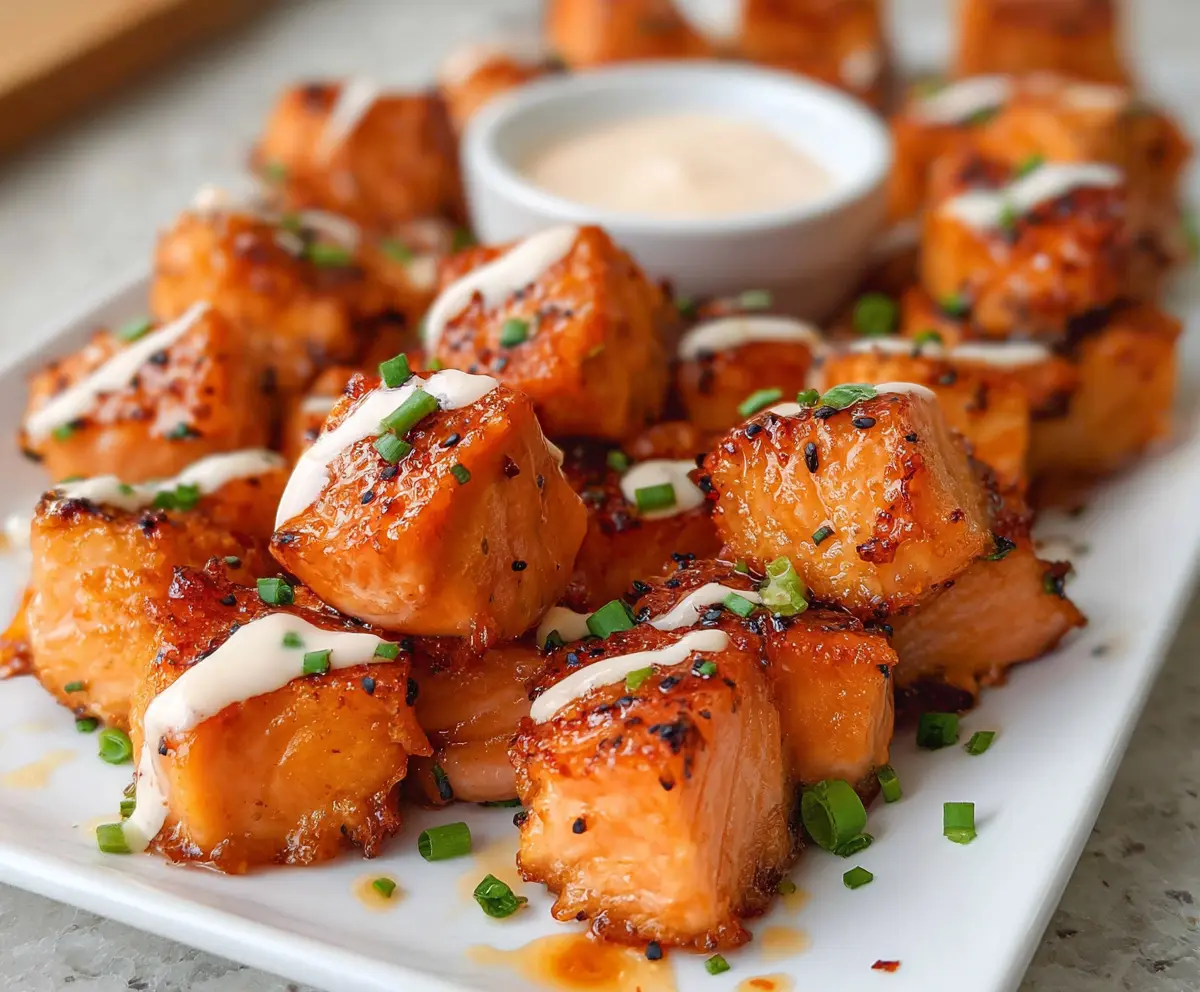 Delicious crispy Bang Bang Salmon Bites served with dipping sauce, perfect for air fryer cooking.