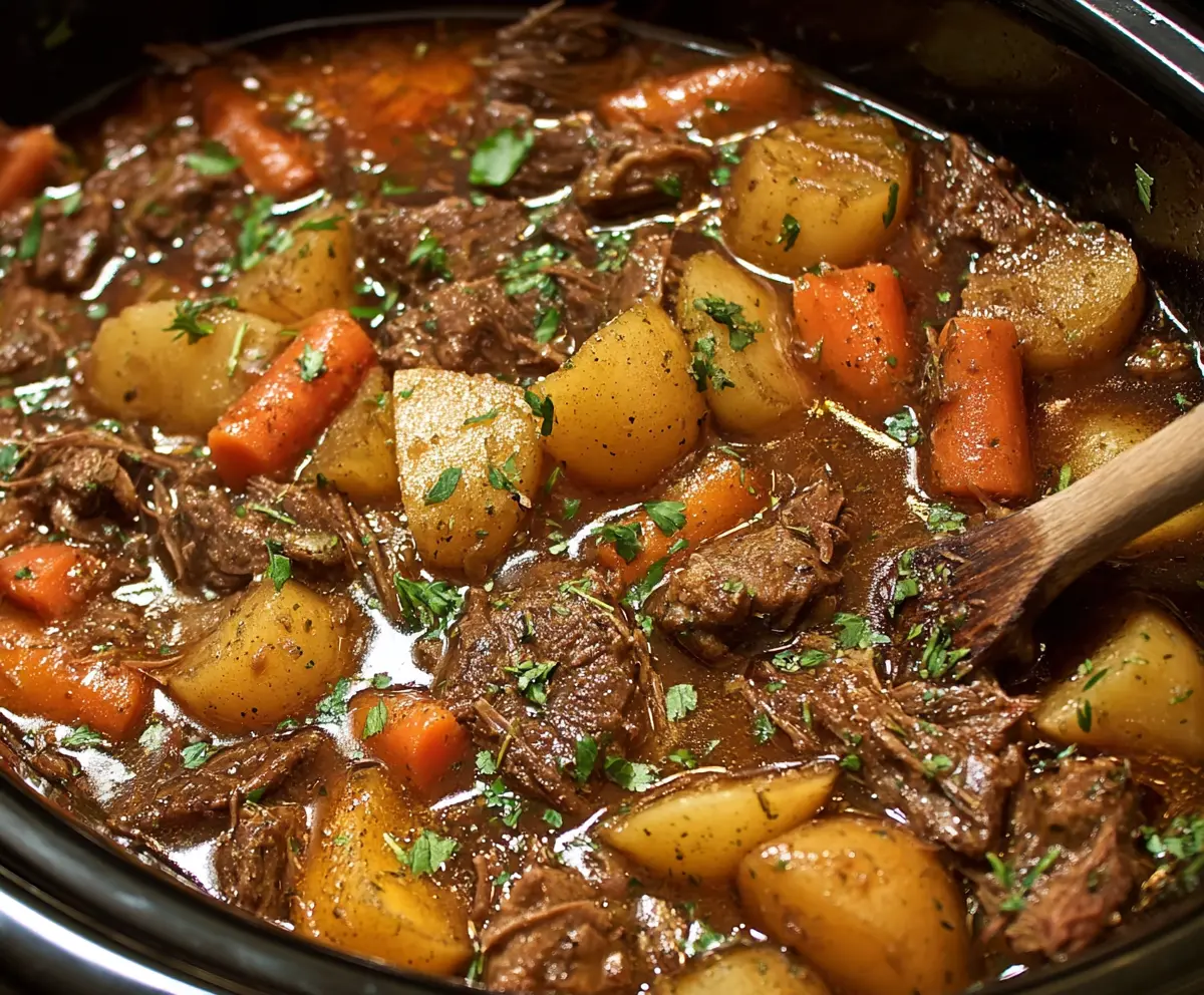 Mouthwatering beef stew in a crock pot, perfect for a hearty dinner.