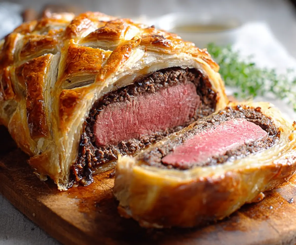 Delicious homemade Beef Wellington with golden puff pastry and tender beef fillet