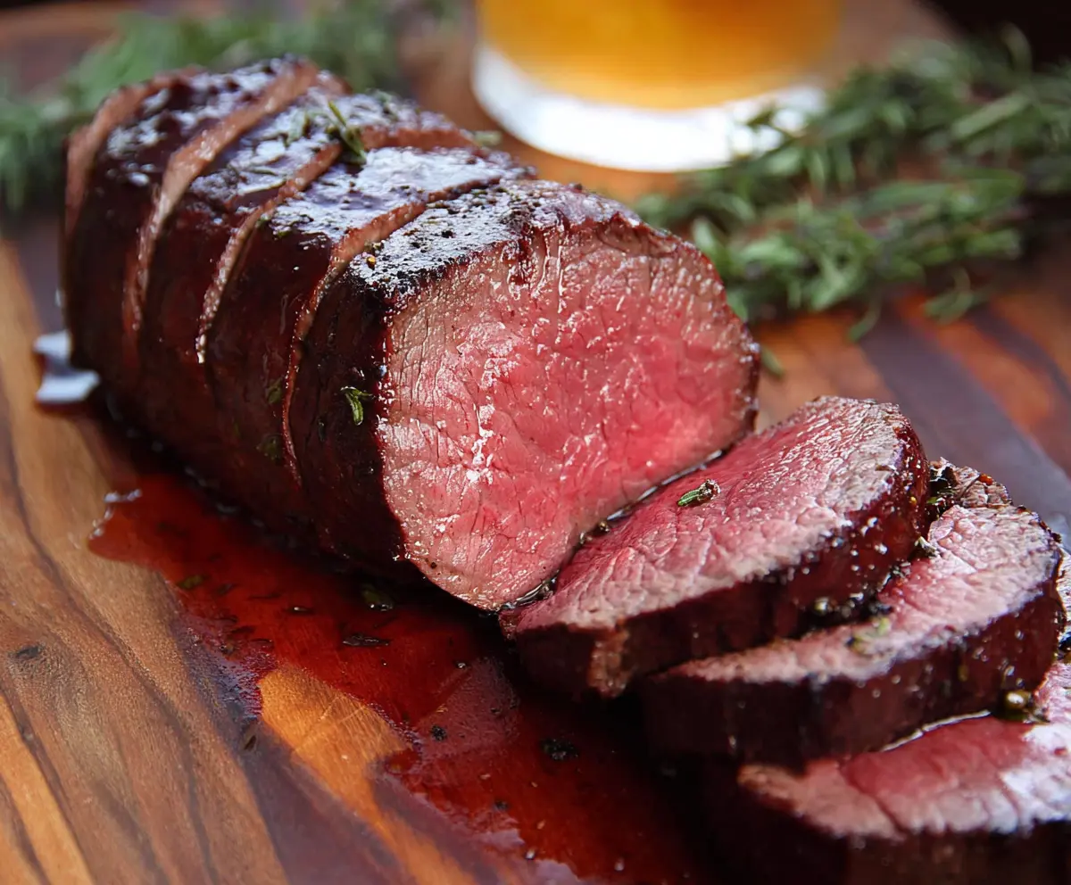 Juicy and tender beef tenderloin cooked to perfection, served with fresh herbs and vegetables.