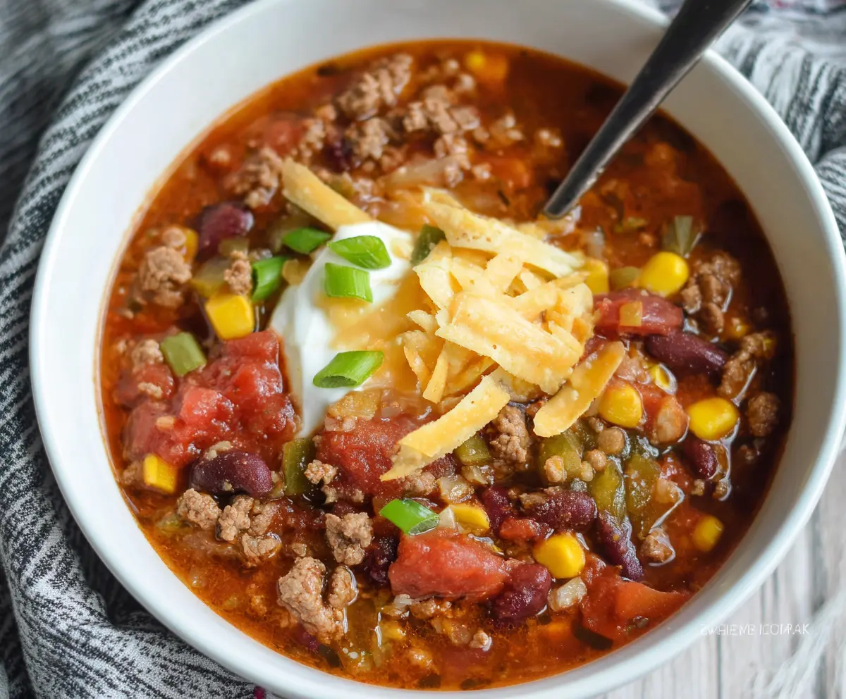 A bowl of bold and hearty taco soup with seasoned ground beef, beans, and vegetables topped with shredded cheese and fresh cilantro.