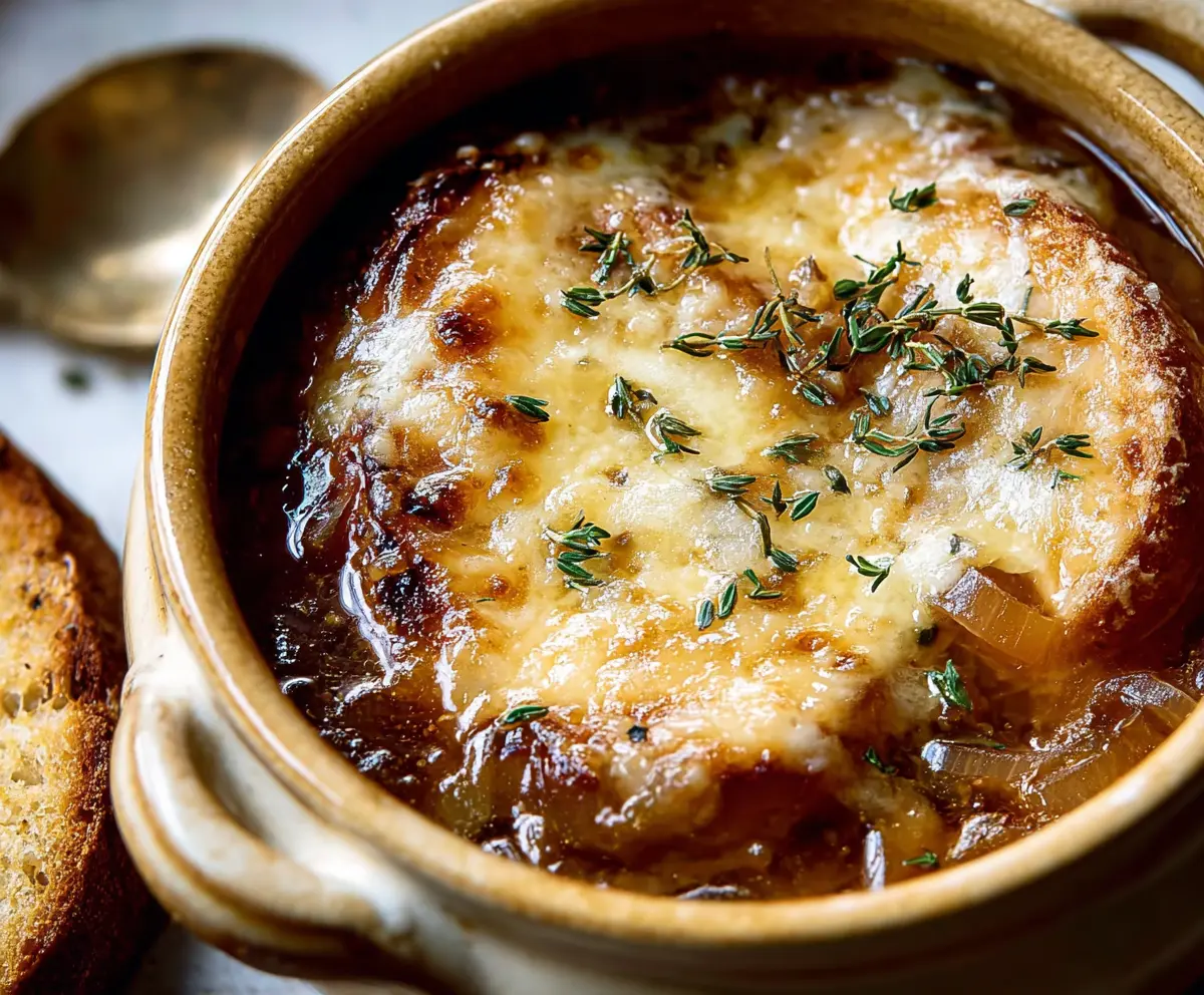 Delicious caramelized onion soup served in a rustic bowl with fresh herbs on top.