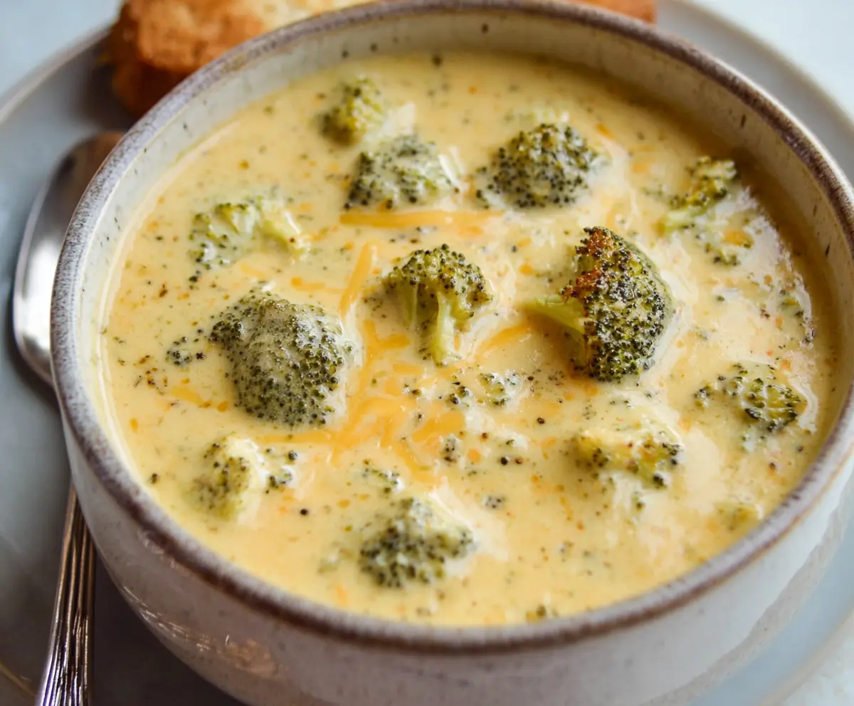 Creamy cheesy broccoli soup in a bowl, garnished with melted cheese and fresh broccoli florets.