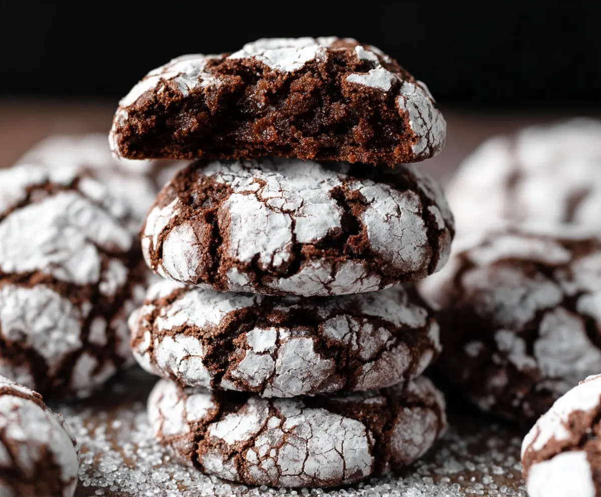 Delicious chocolate crinkle cookies with powdered sugar coating, perfect for dessert or snack.
