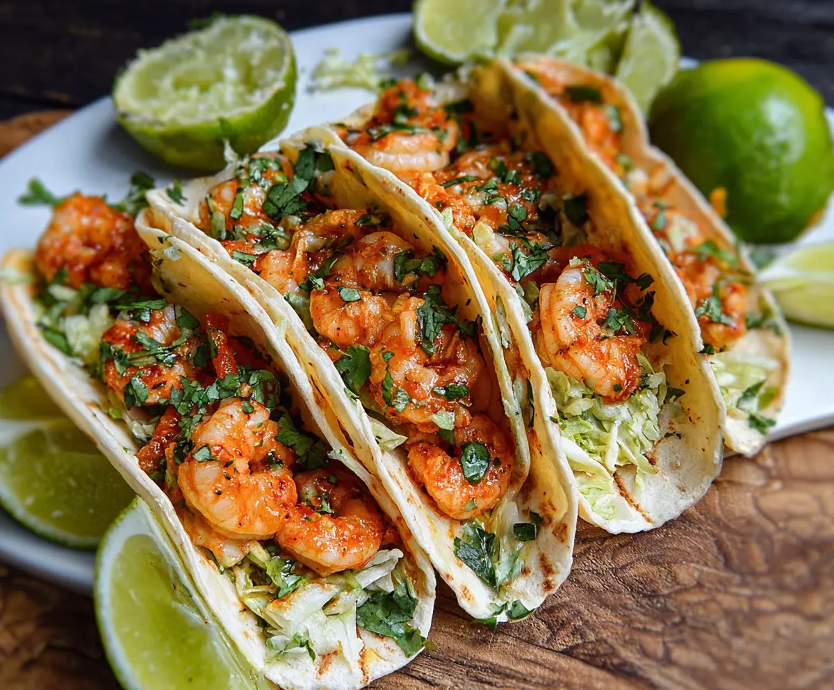 Delicious Cilantro Lime Shrimp Tacos topped with fresh cilantro on a plate.