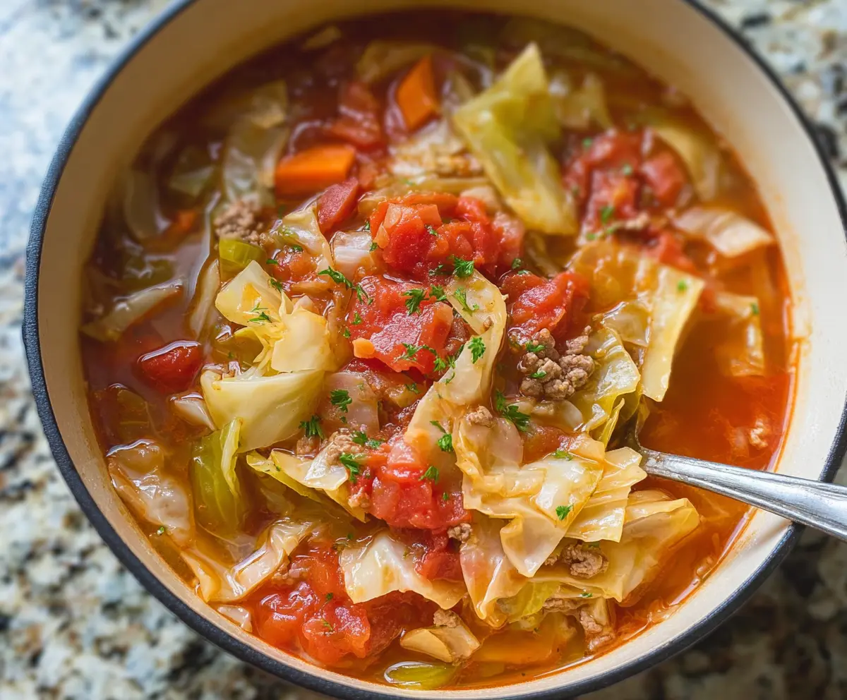 Hearty classic cabbage soup in a bowl, showcasing fresh chopped cabbage and vegetables for a nutritious meal.