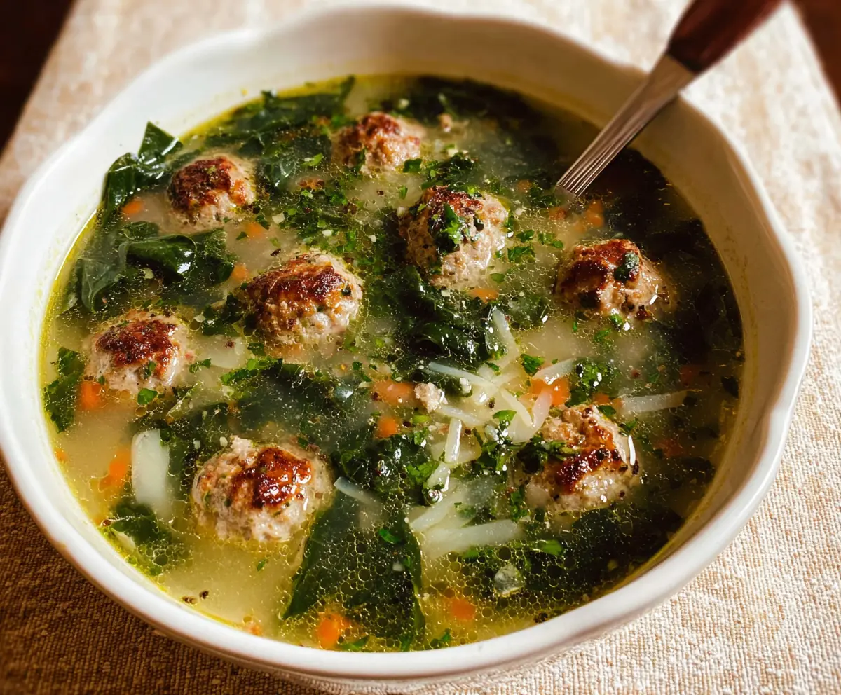 Bowl of Classic Italian Wedding Soup with meatballs, spinach, and pasta in rich broth