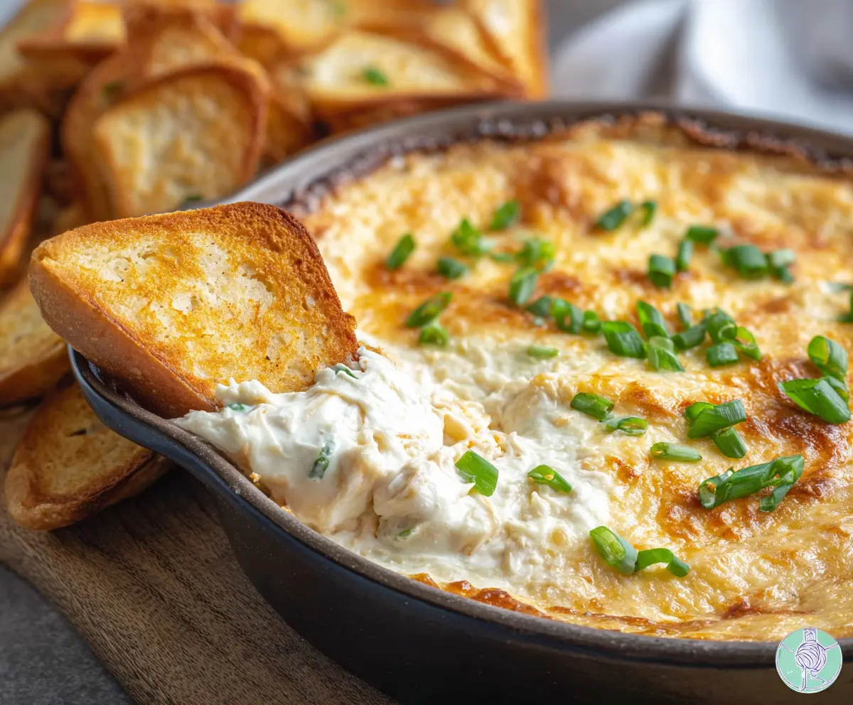 Creamy Crab Rangoon Dip served with crispy wonton chips, perfect for parties and gatherings.