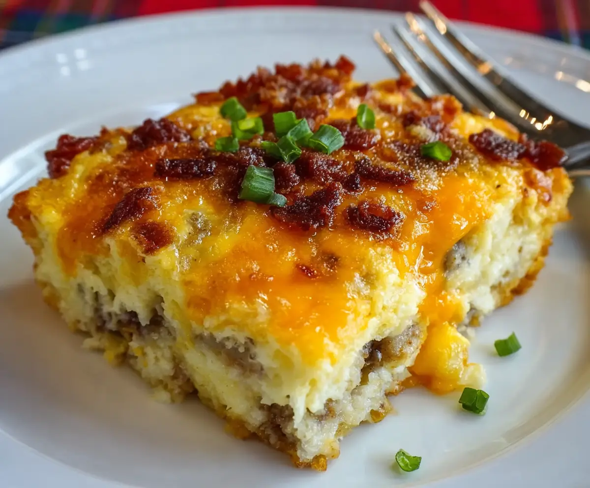 Delicious crack breakfast casserole with eggs, cheese, and breakfast meats in a baking dish.