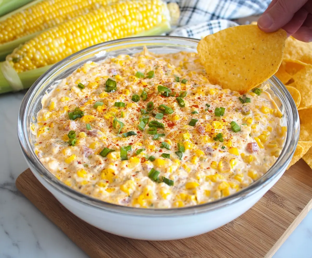 Creamy Corn Dip served in a bowl with fresh herbs for a delicious appetizer