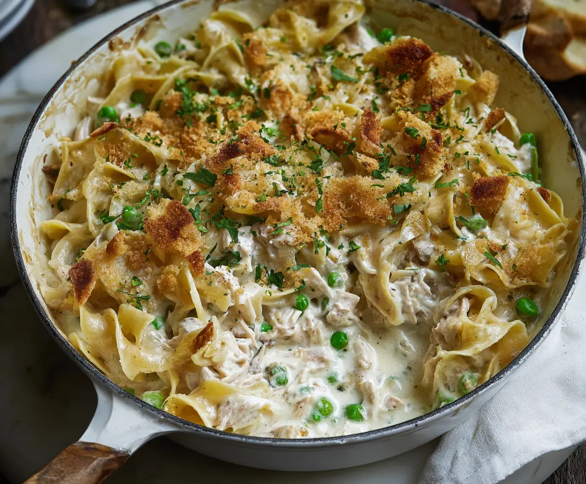 Creamy Tuna Noodle Casserole garnished with fresh herbs in a baking dish.
