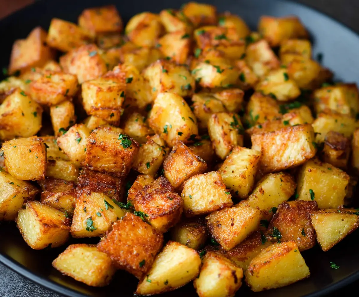 Golden crispy breakfast potatoes served with herbs and spices, perfect for a hearty morning meal.