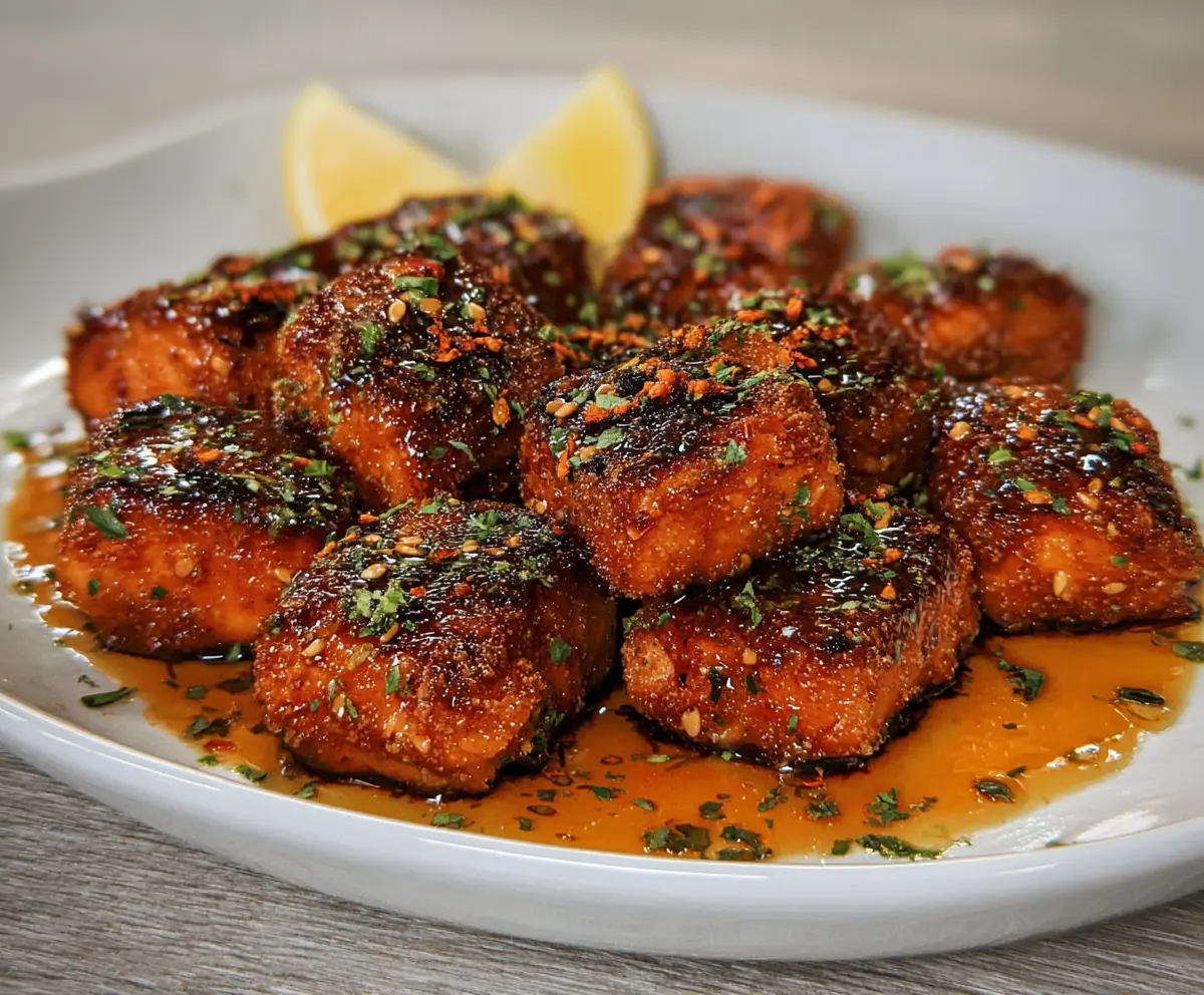 Delicious crispy honey garlic salmon bites served on a plate, garnished with fresh herbs.