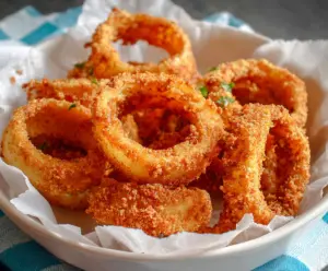 Crispy Keto Onion Rings on a plate, perfect low carb appetizer for keto diet.