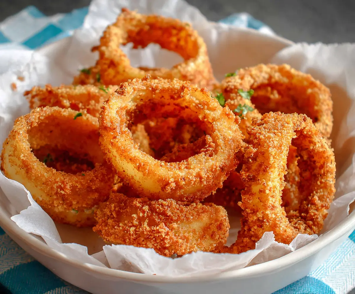 Crispy Keto Onion Rings on a plate, perfect low carb appetizer for keto diet.
