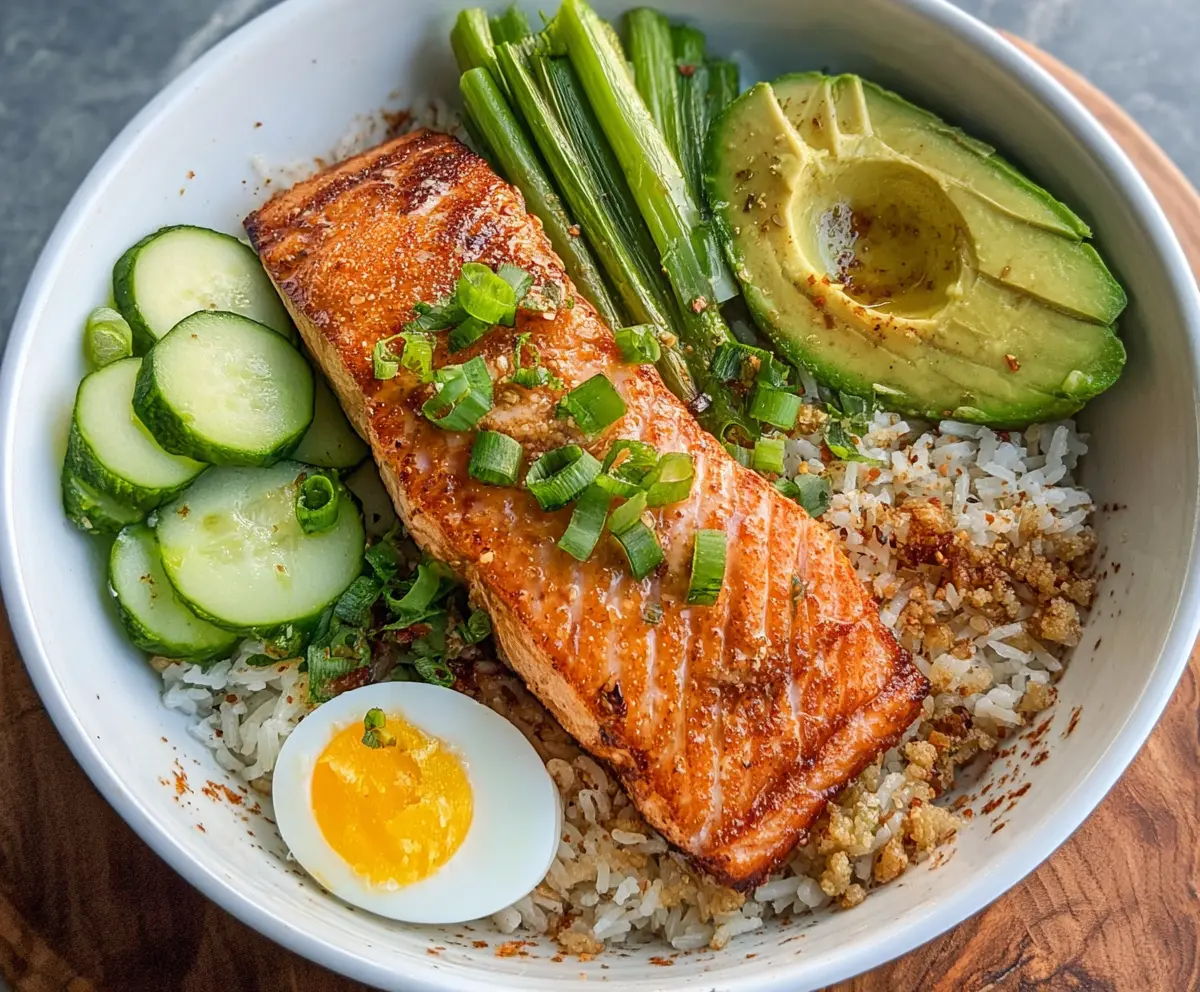 Delicious crispy salmon served over a bed of rice in a vibrant bowl, perfect for a healthy meal.