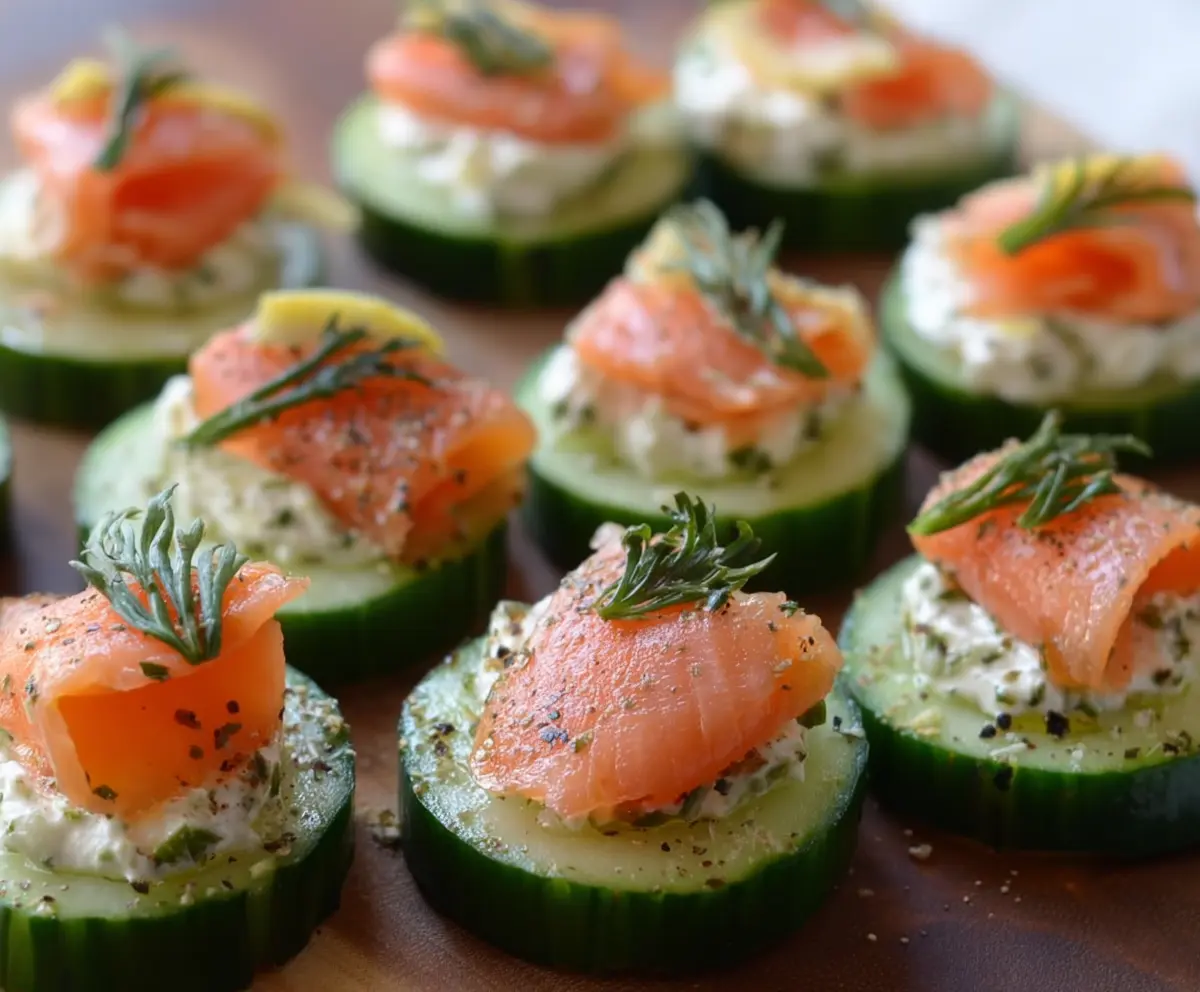 Delicious cucumber bites topped with smoked salmon and fresh herbs, perfect for appetizers.
