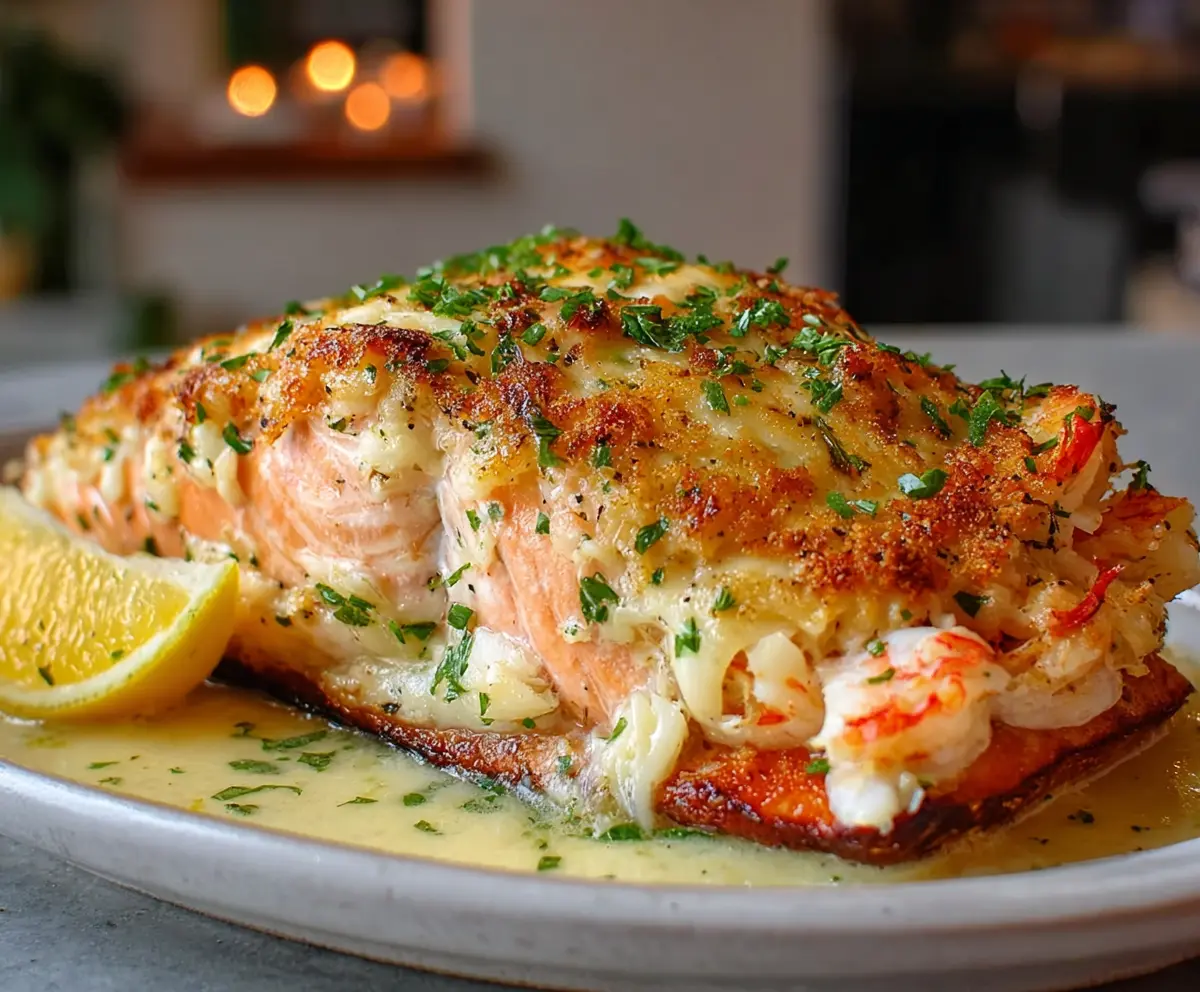 Creamy crab and shrimp stuffed salmon fillet with fresh herbs, perfect for a gourmet seafood dinner.