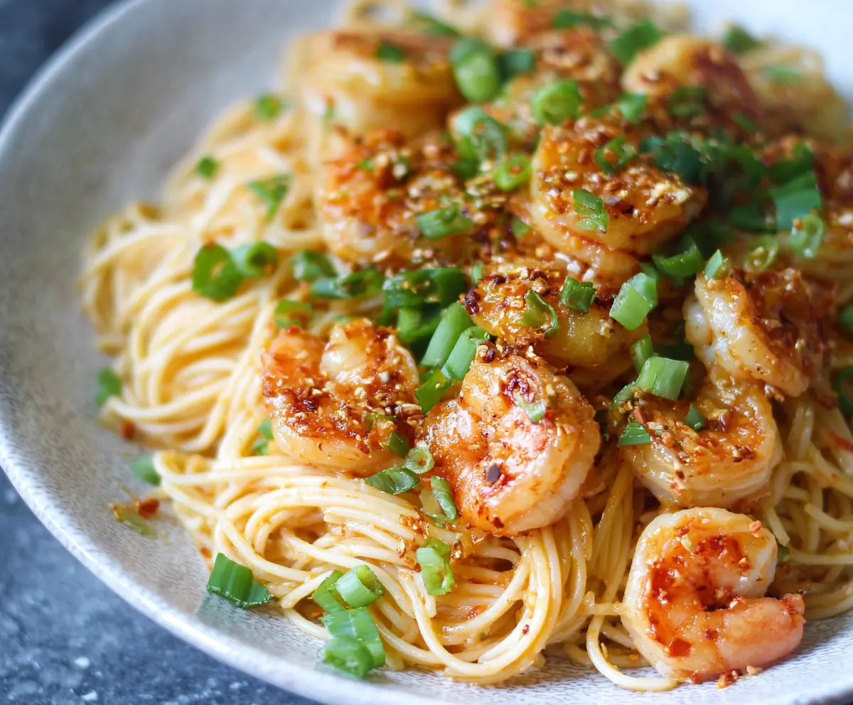 Creamy Bang Bang Shrimp Pasta with crispy shrimp and spicy sauce served on a plate.