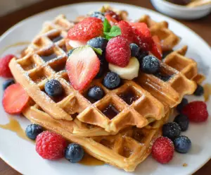 Delicious healthy protein waffles topped with fresh fruit, featuring 45 grams of protein for a nutritious breakfast.