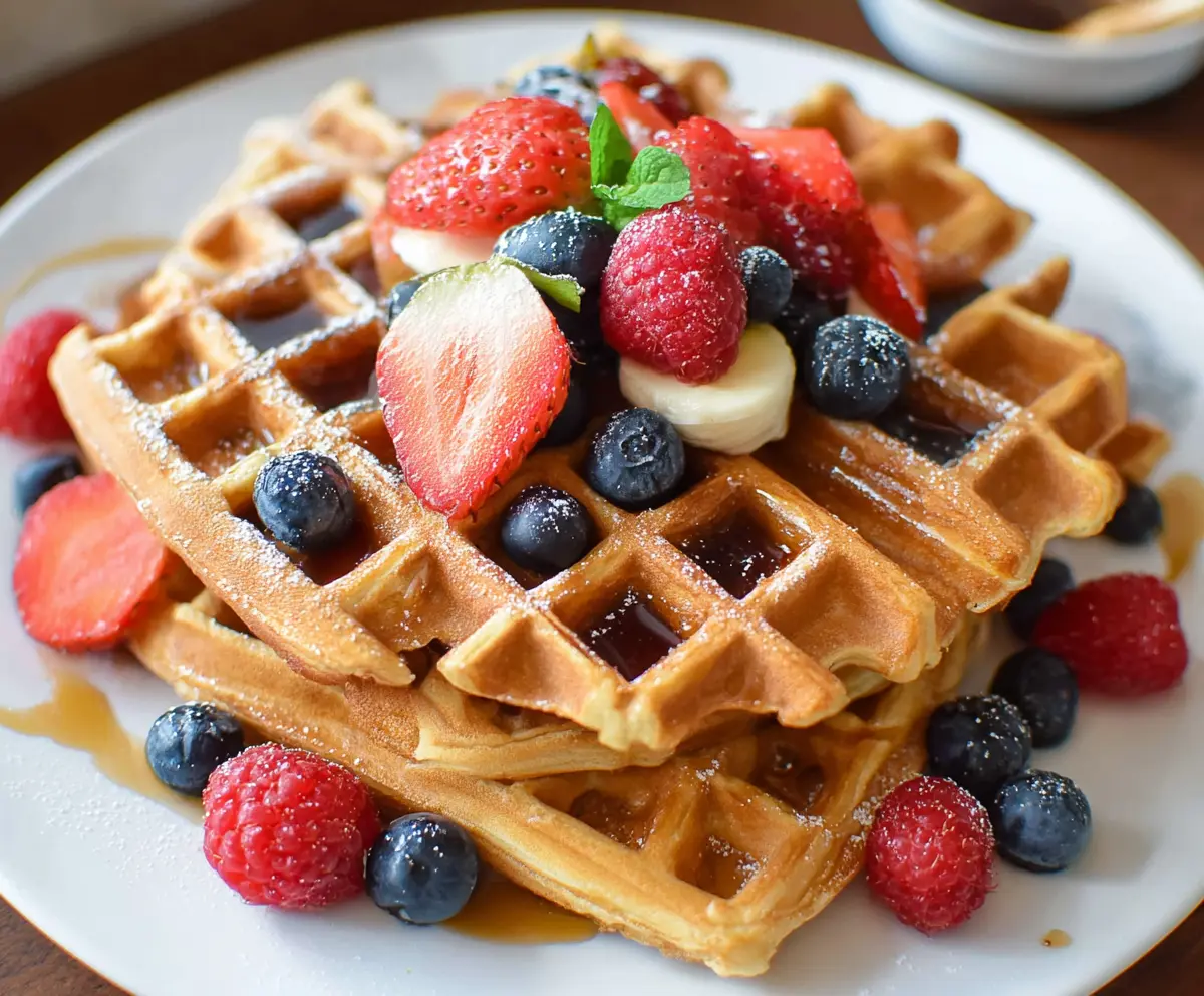 Delicious healthy protein waffles topped with fresh fruit, featuring 45 grams of protein for a nutritious breakfast.