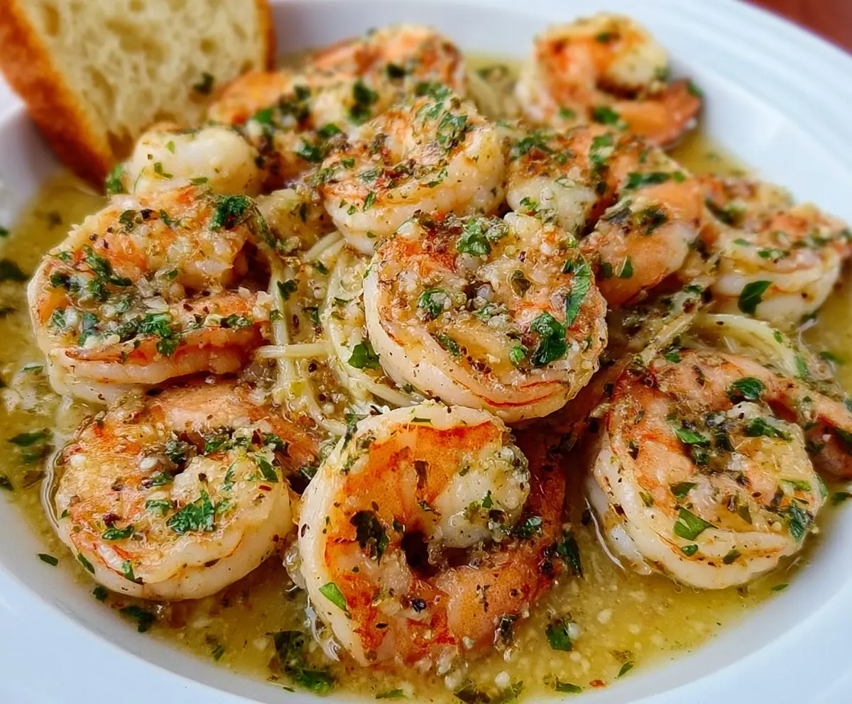 Delicious Easy Red Lobster Shrimp Scampi served on a white plate with lemon wedges and fresh parsley
