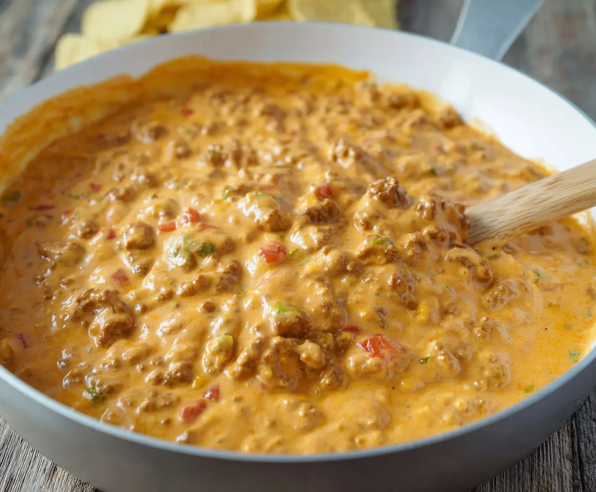 Delicious easy Rotel dip with sausage served in a white bowl, perfect for parties and snacks.