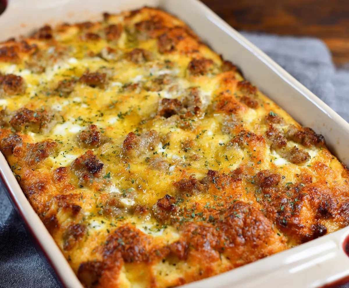 Delicious easy sausage and egg casserole ready for breakfast or brunch.