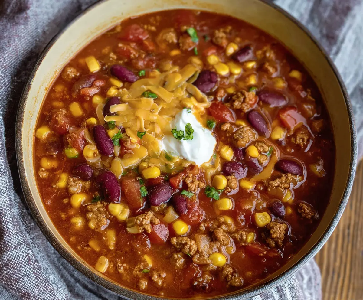 Bowl of easy taco soup with seasoned ground meat, beans, and vegetables ready to serve.
