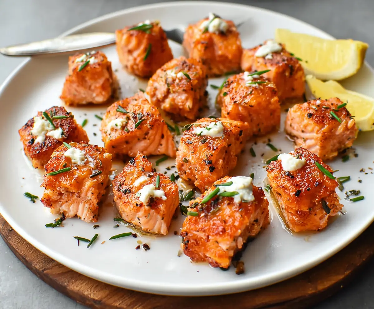 Delicious salmon bites garnished with herbs on a white plate, perfect for a quick and healthy appetizer.