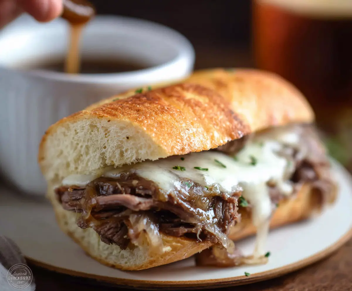 Delicious French Dip Sandwich Melt with tender roast beef, melted cheese, and toasted bread served on a plate.