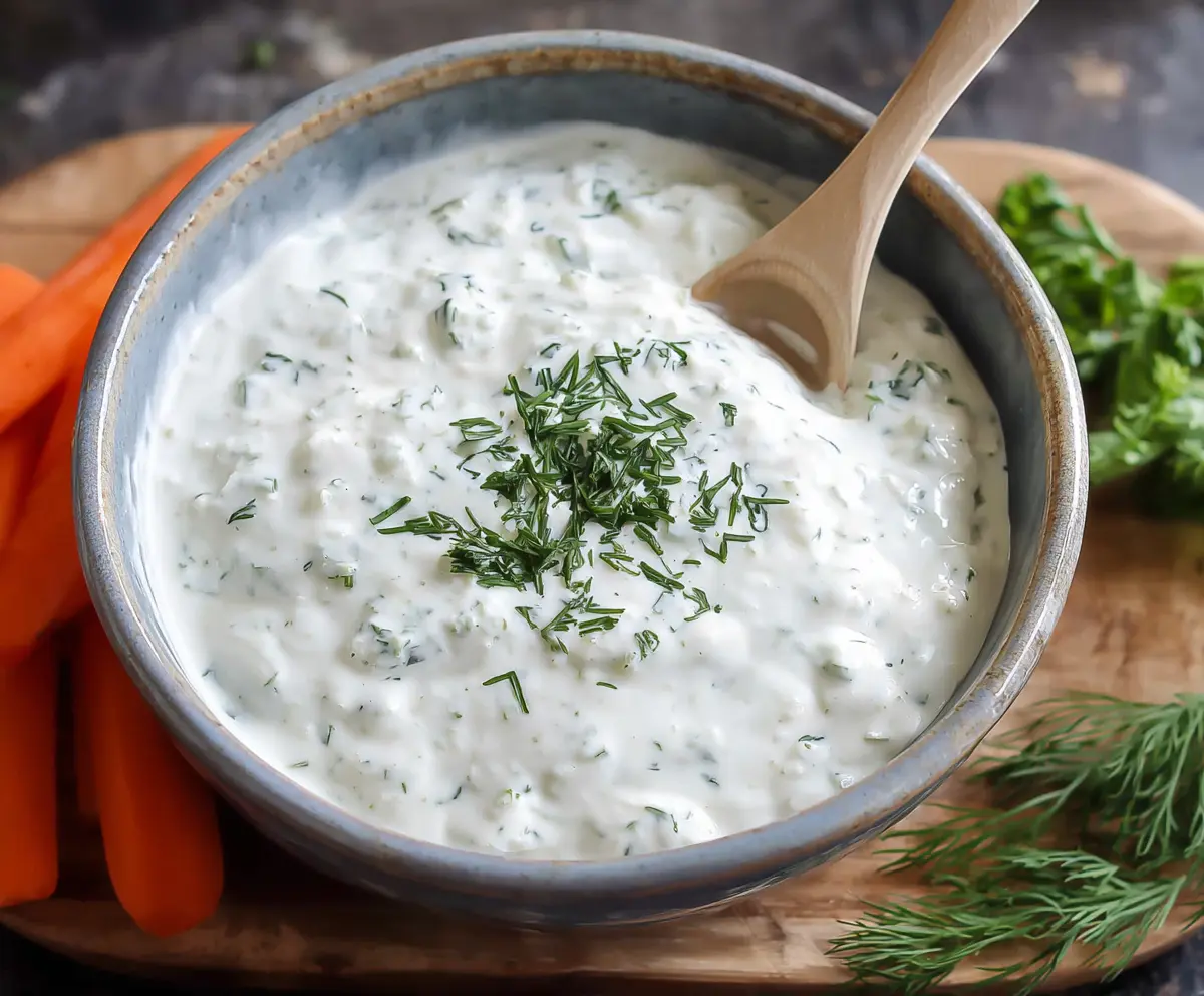 Creamy Greek Yogurt Ranch Dip served with fresh vegetable sticks for healthy snacking.