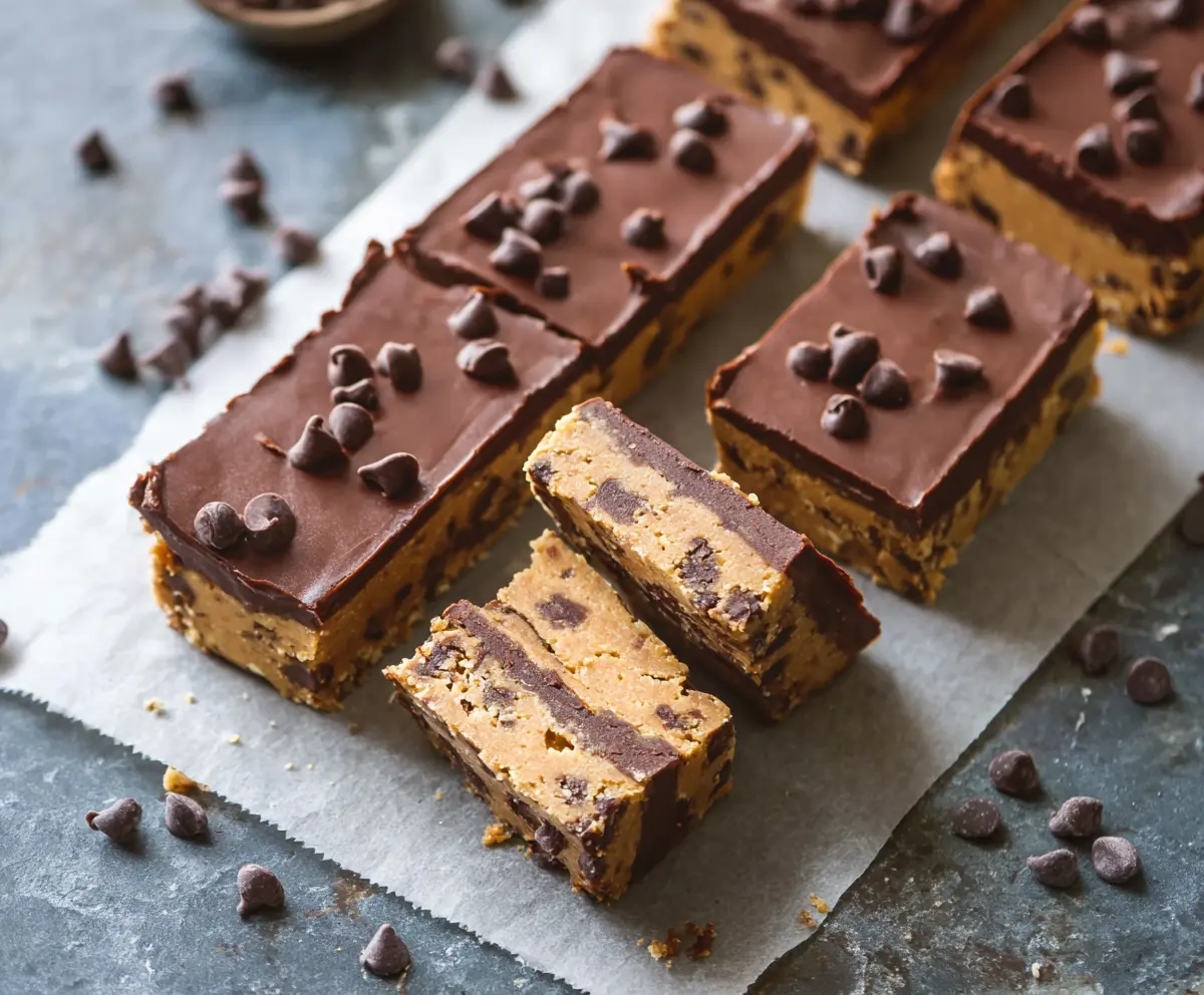 Delicious gluten-free and vegan healthy no-bake cookie dough bars on a plate with fresh ingredients.