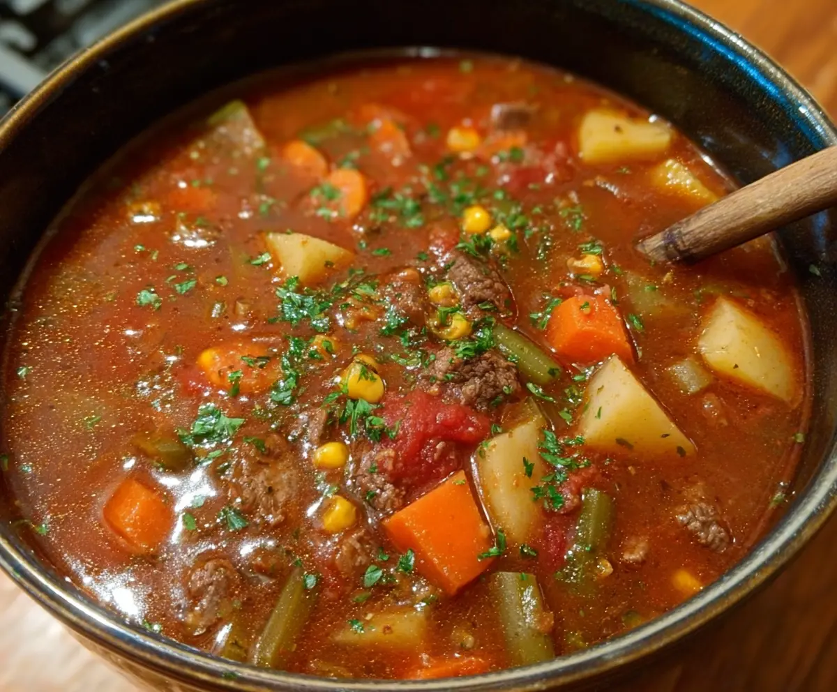 Warm and nourishing Hearty Veggie Beef Soup with fresh vegetables and tender beef chunks.