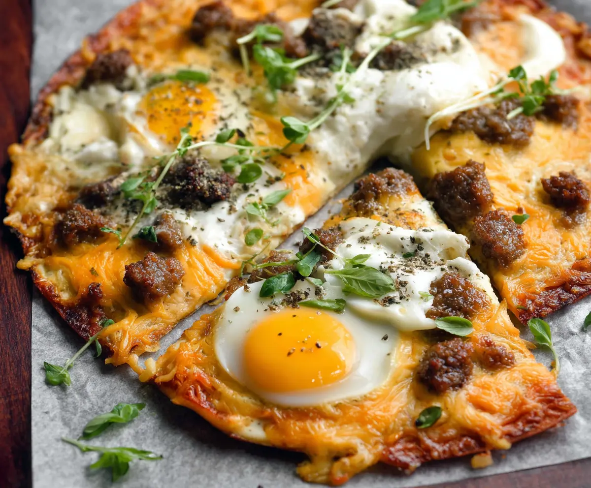 High Protein Sausage & Egg Breakfast Pizza