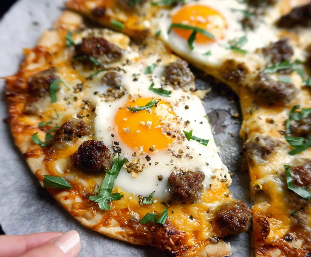 Delicious high protein sausage and egg breakfast pizza on a plate, perfect for a nutritious brunch
