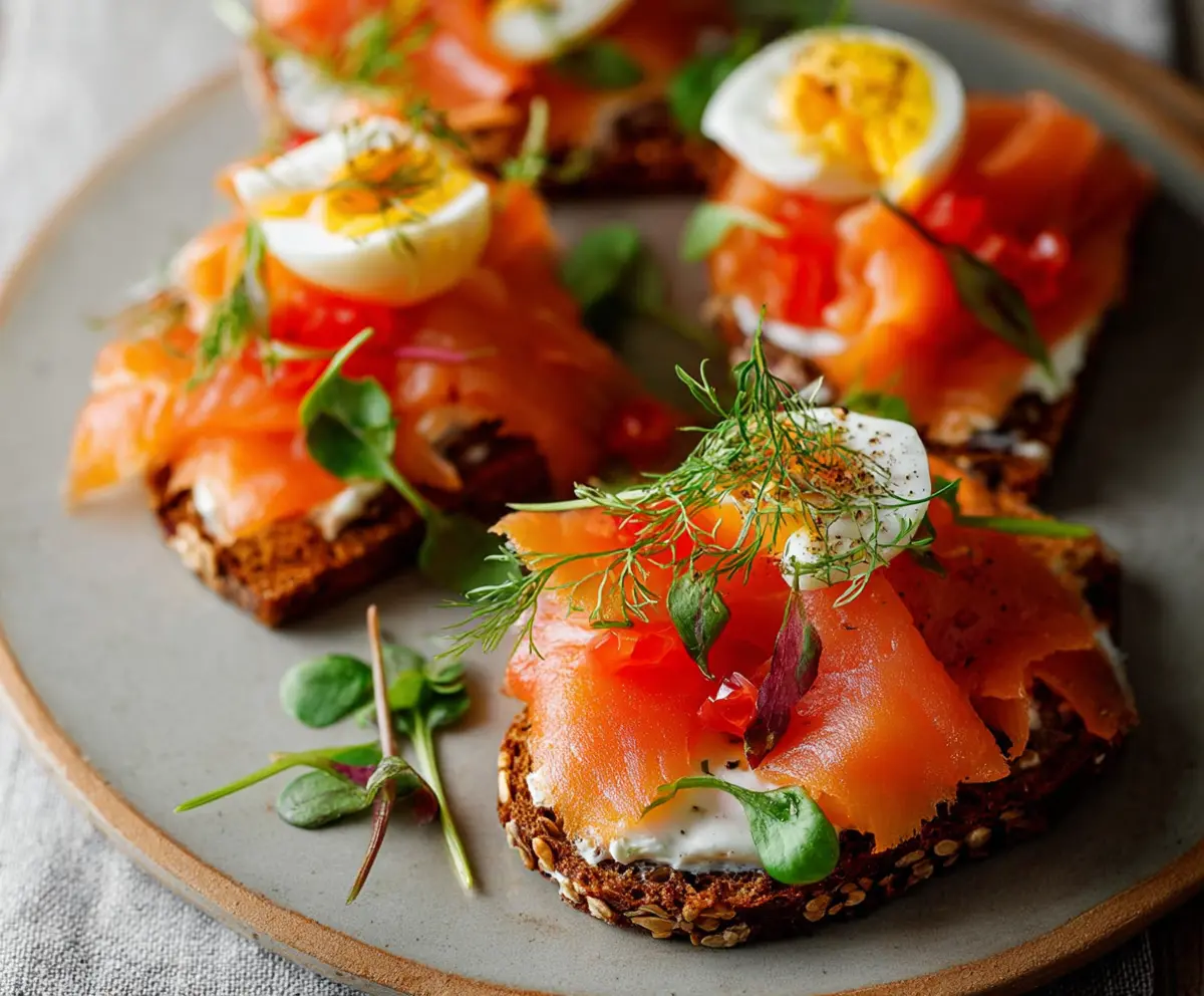 A close-up of a plated smoked salmon dish garnished with fresh herbs and lemon slices, showcasing its vibrant orange color and delicate texture.