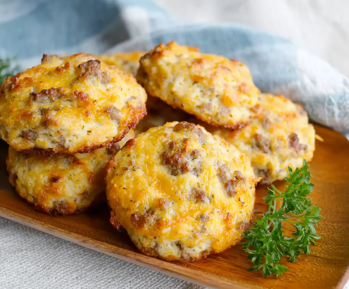 Delicious keto sausage and cheese biscuits served on a plate for breakfast.